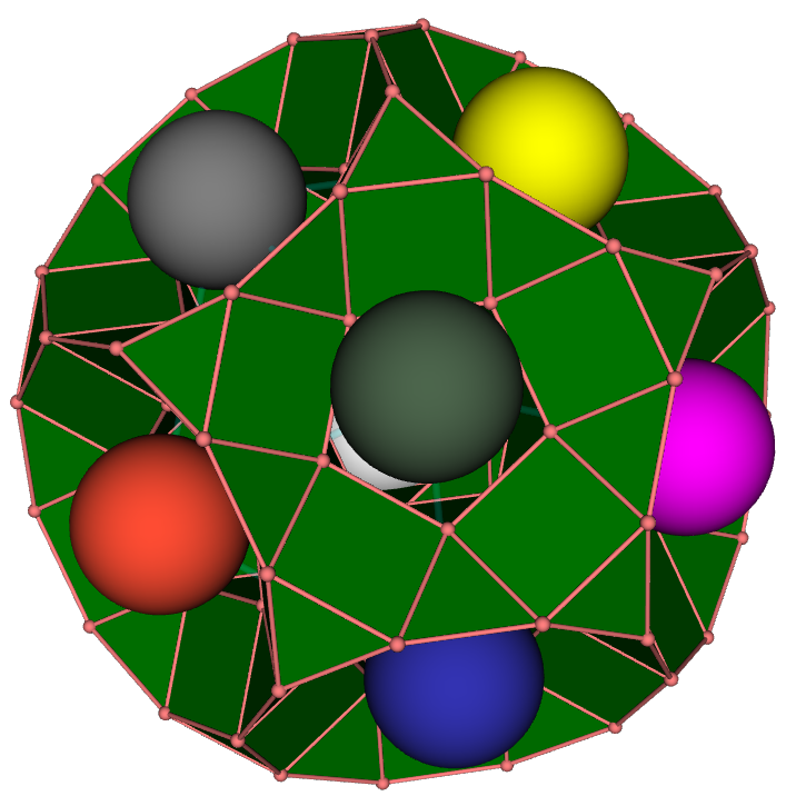 Icosahedral configuration of spheres emerging from the drilled truncated dodecahedron 