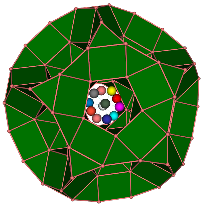 Icosahedral configuration of spheres  emerging  from the drilled truncated dodecahedron 