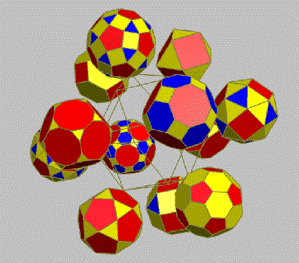 Rotation of 12-fold array of  Archimedean polyhedra 