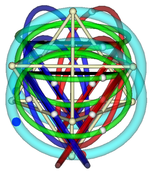 View of a star tetrahedral Merkabah framed and enhanced by rotating toroidal cycles