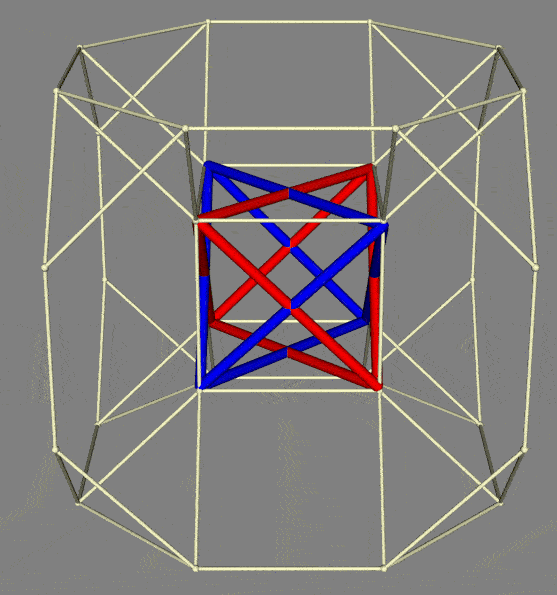 Angled animation of dynamics of tetrahedra nested within drilled truncated cube