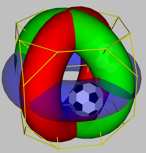 3 mutually orthogonal toroidal rings framed by a drilled truncated cube