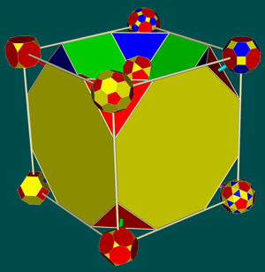 Hypercube with polyhedral mappings nested within drilled truncated cube